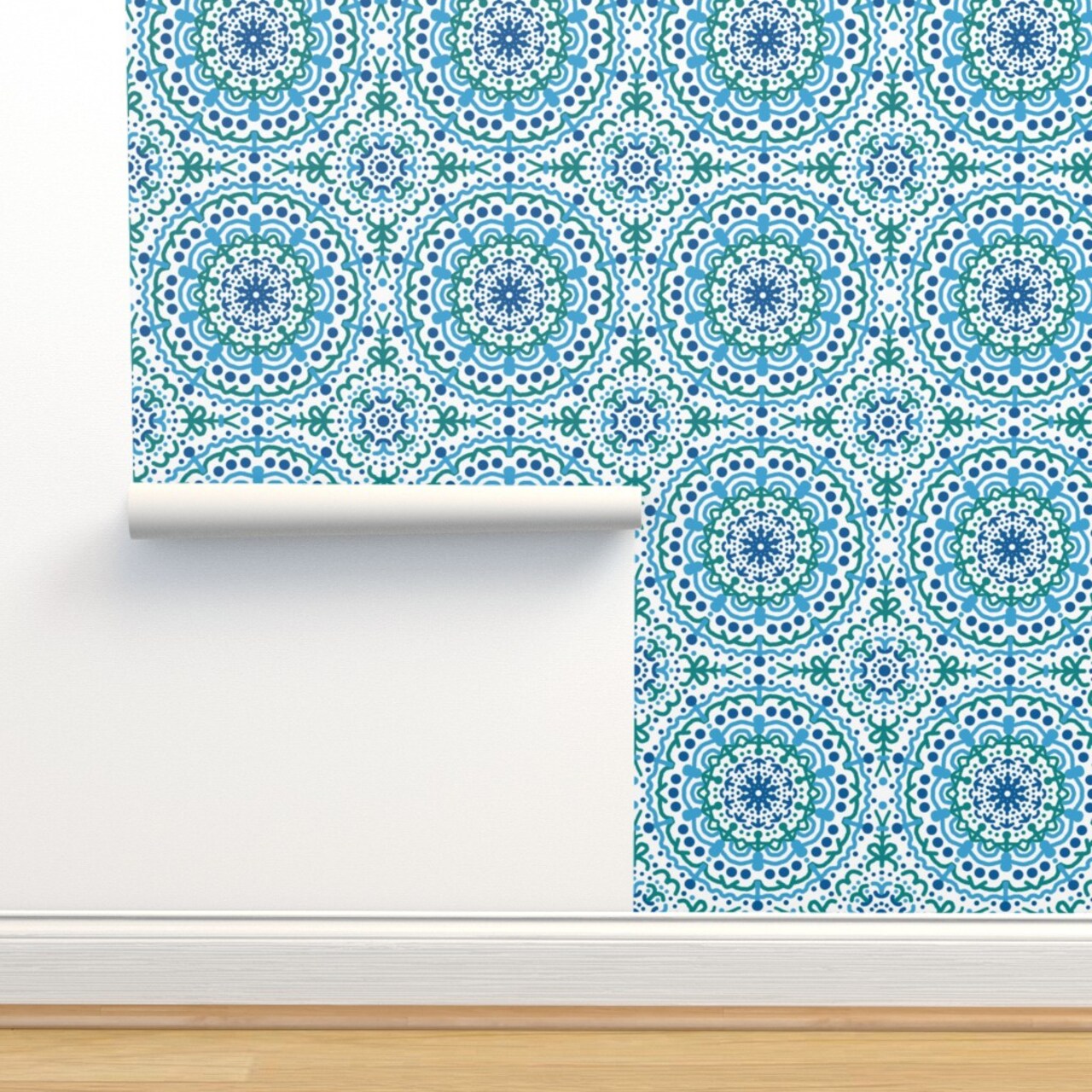 Blue Geometric Hippie Hand Drawn Mandala Bohemian Tapestry Boho Symmetric Large Scale Rosettes Circles Custom Removable Wallpaper by Spoonflower Peel & Stick Wallpaper 2FT Wide